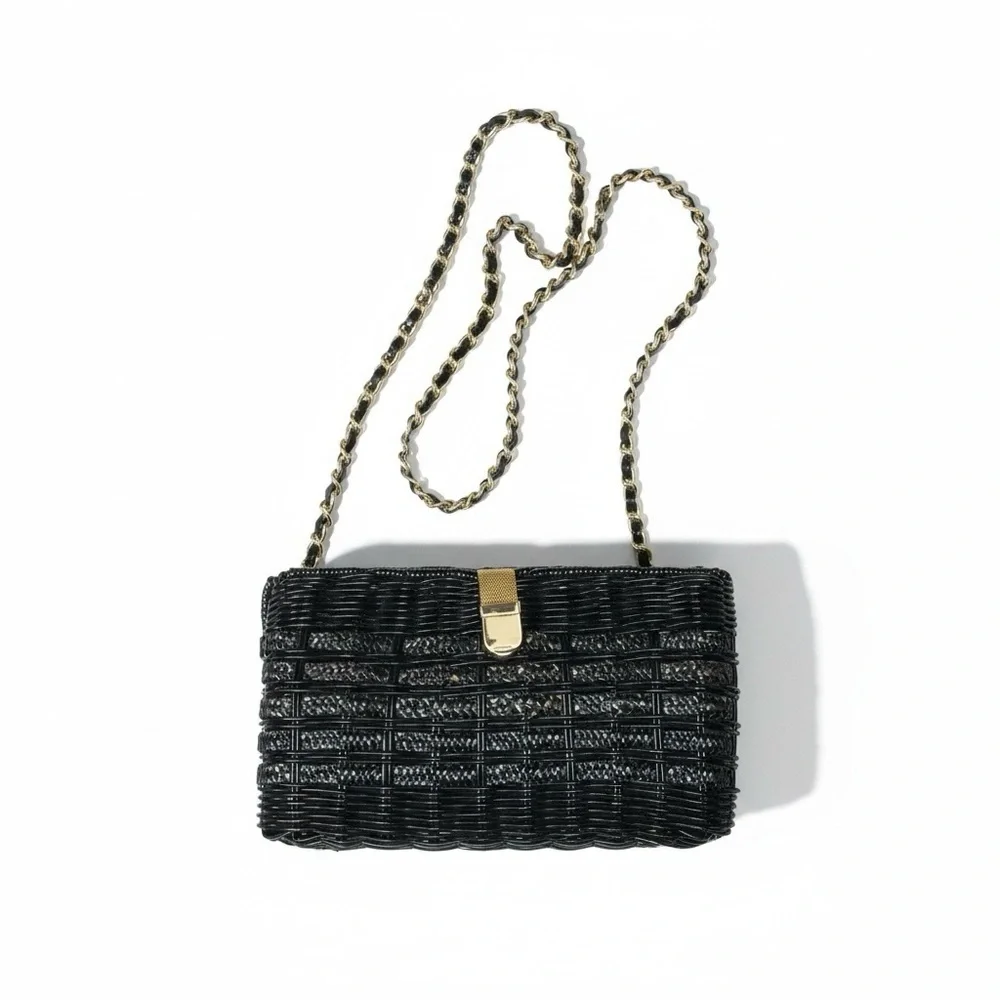 Vintage Black Woven Chain Strap Evening Purse Gold Hardware Clutch Crossbody